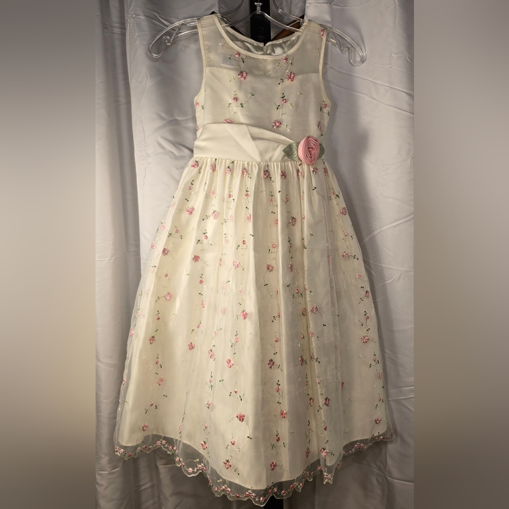 Cream Kids Easter Dress with Pink And Green Floral‎ Accents